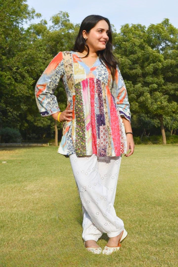 Multicolor Patchwork Printed Cotton Kurti with Lace Panel | Paired with White Eyelet Straight Pants | Chic Everyday Co-ord Set