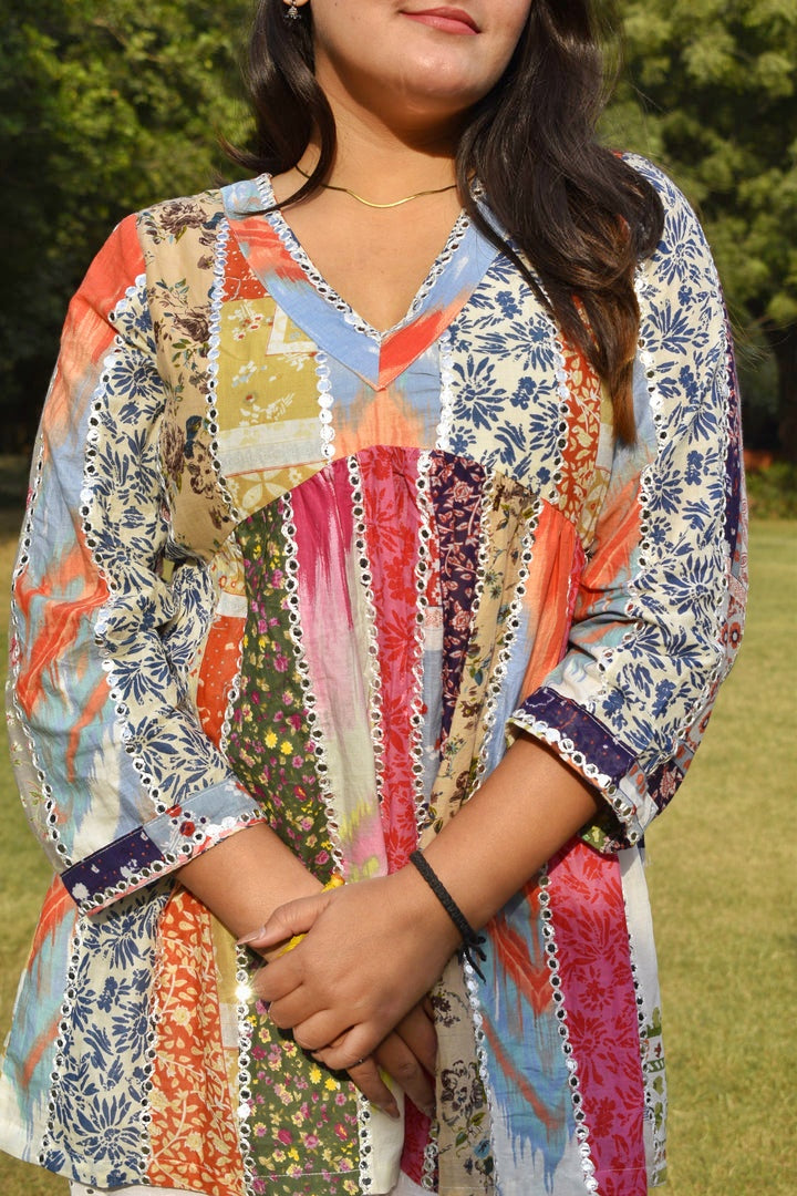 Multicolor Patchwork Printed Cotton Kurti with Lace Panel | Paired with White Eyelet Straight Pants | Chic Everyday Co-ord Set