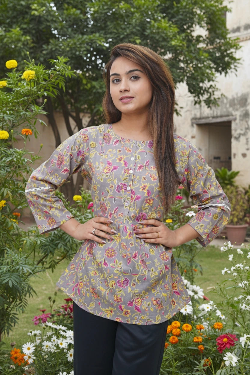 Red and White Indigo Printed Cotton Kurti – Elegant Everyday Wear