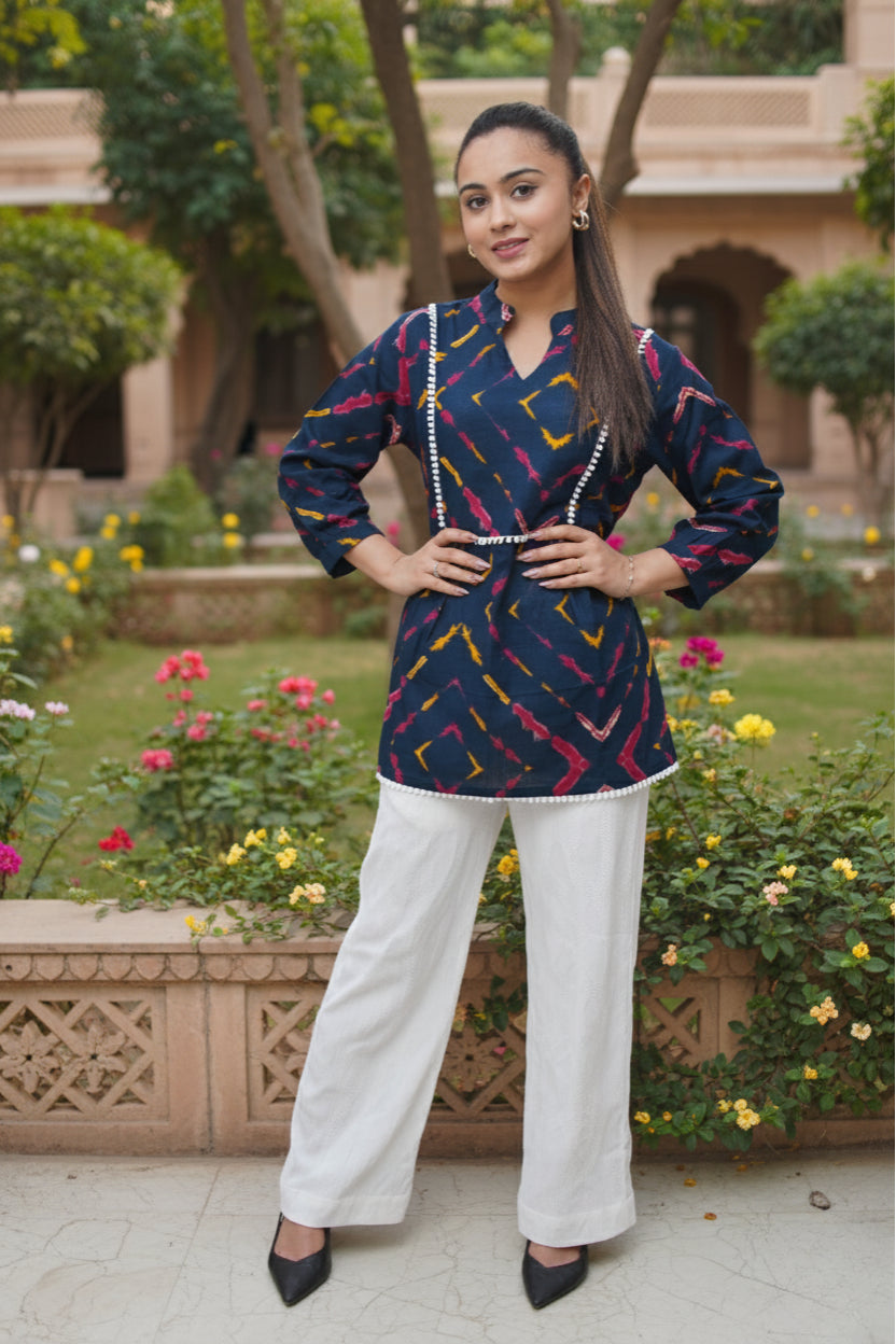 Navy Blue Ikat Printed Cotton Kurti with Pom-Pom Detailing