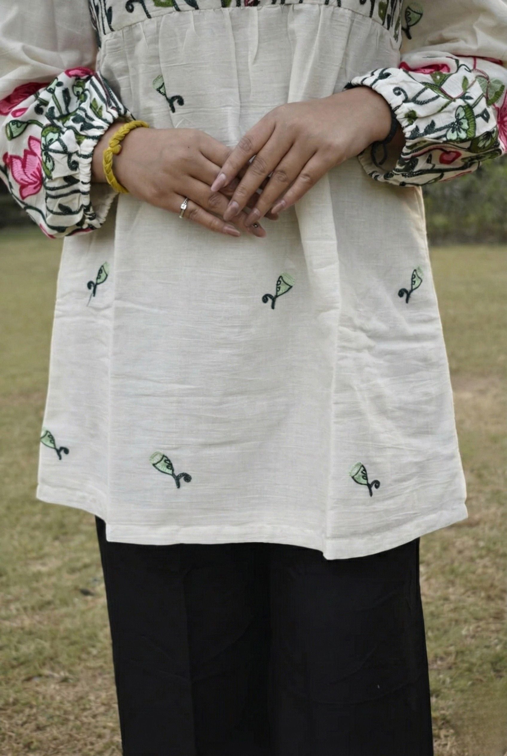 Grey Floral Printed Cotton Top with Lace Sleeves | Elegant Everyday Wear for Women