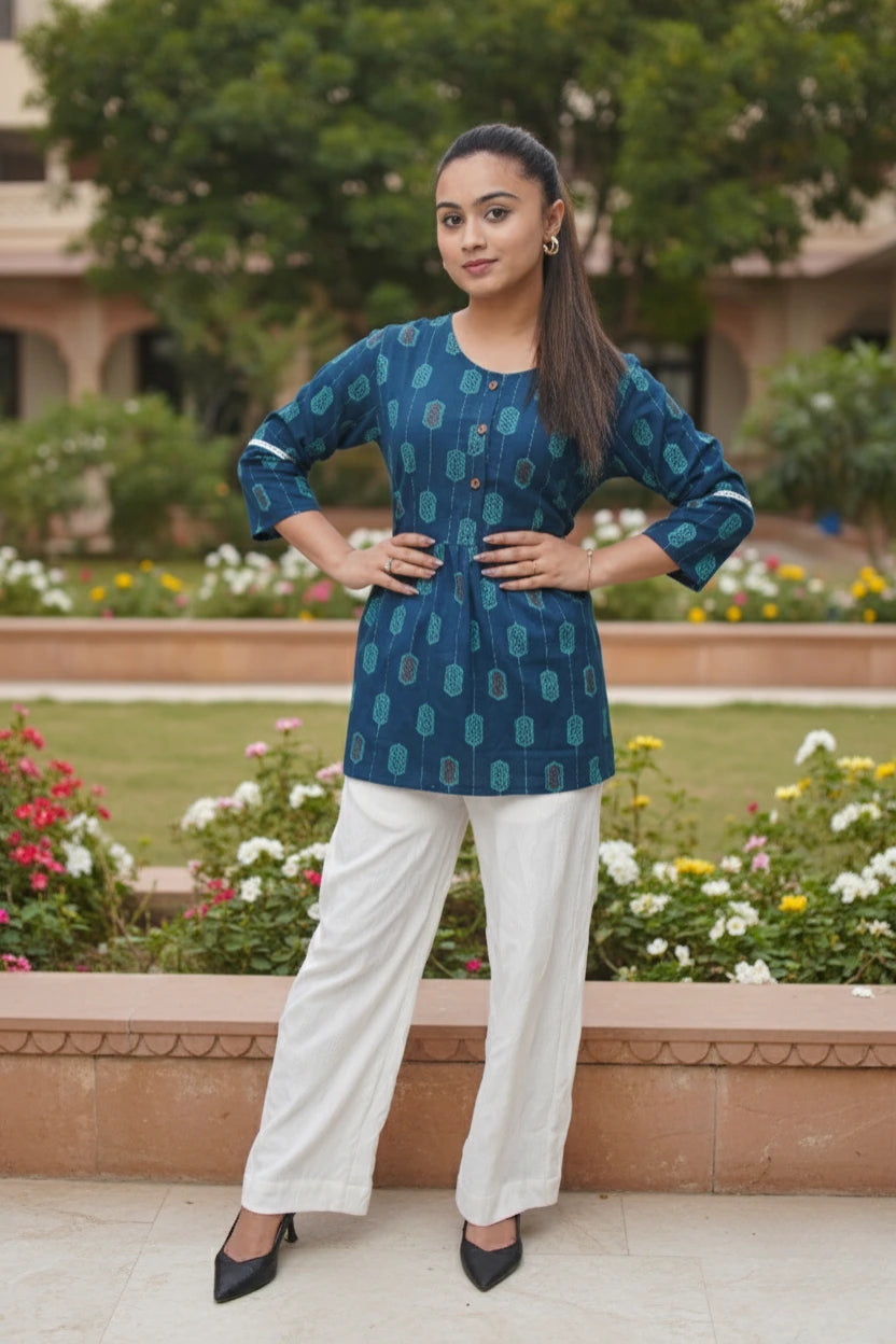 Indigo Printed Cotton Kurti – Elegant Everyday Wear