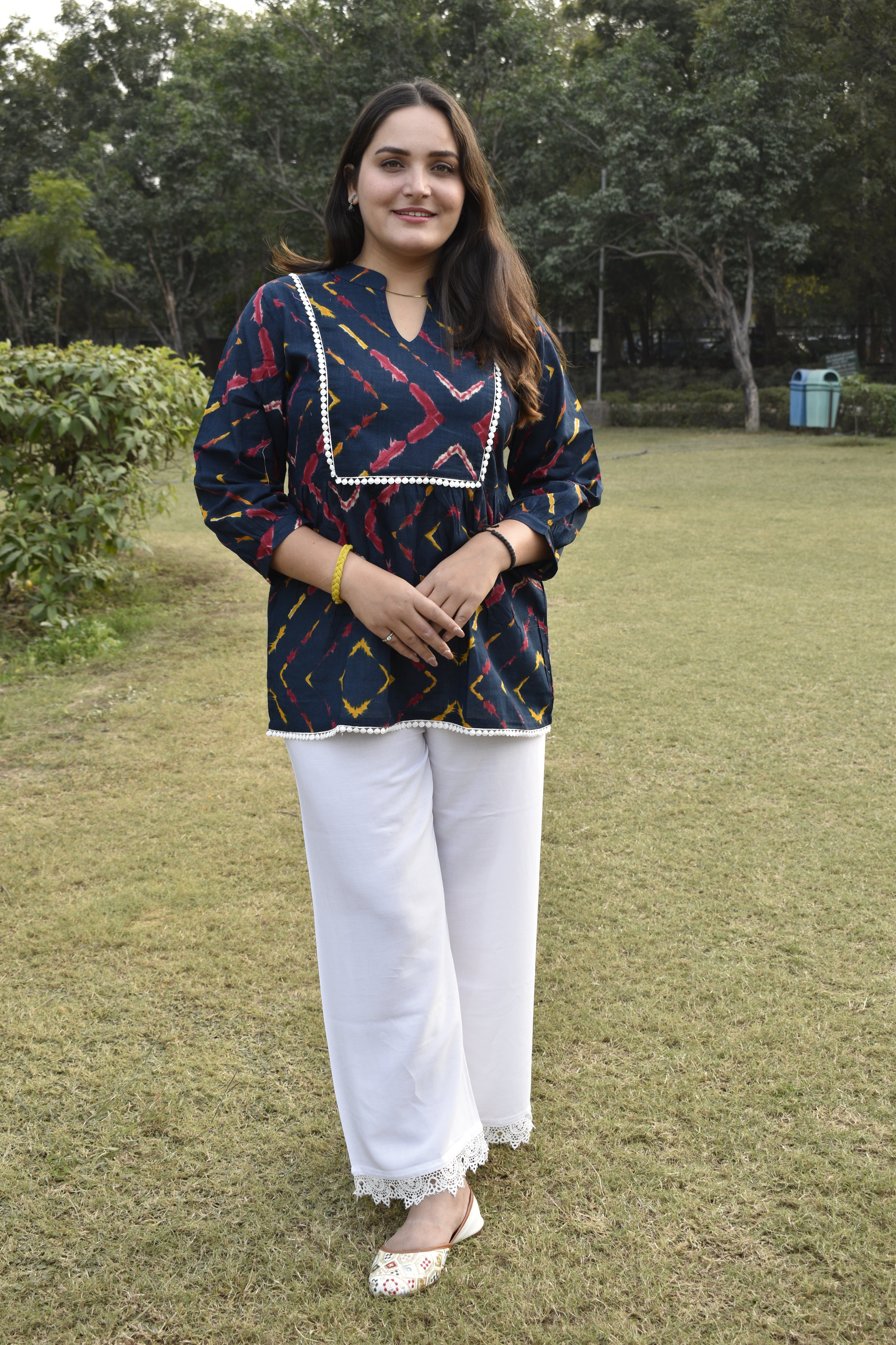 Navy Blue Ikat Printed Cotton Kurti with Pom-Pom Detailing with Plazzo