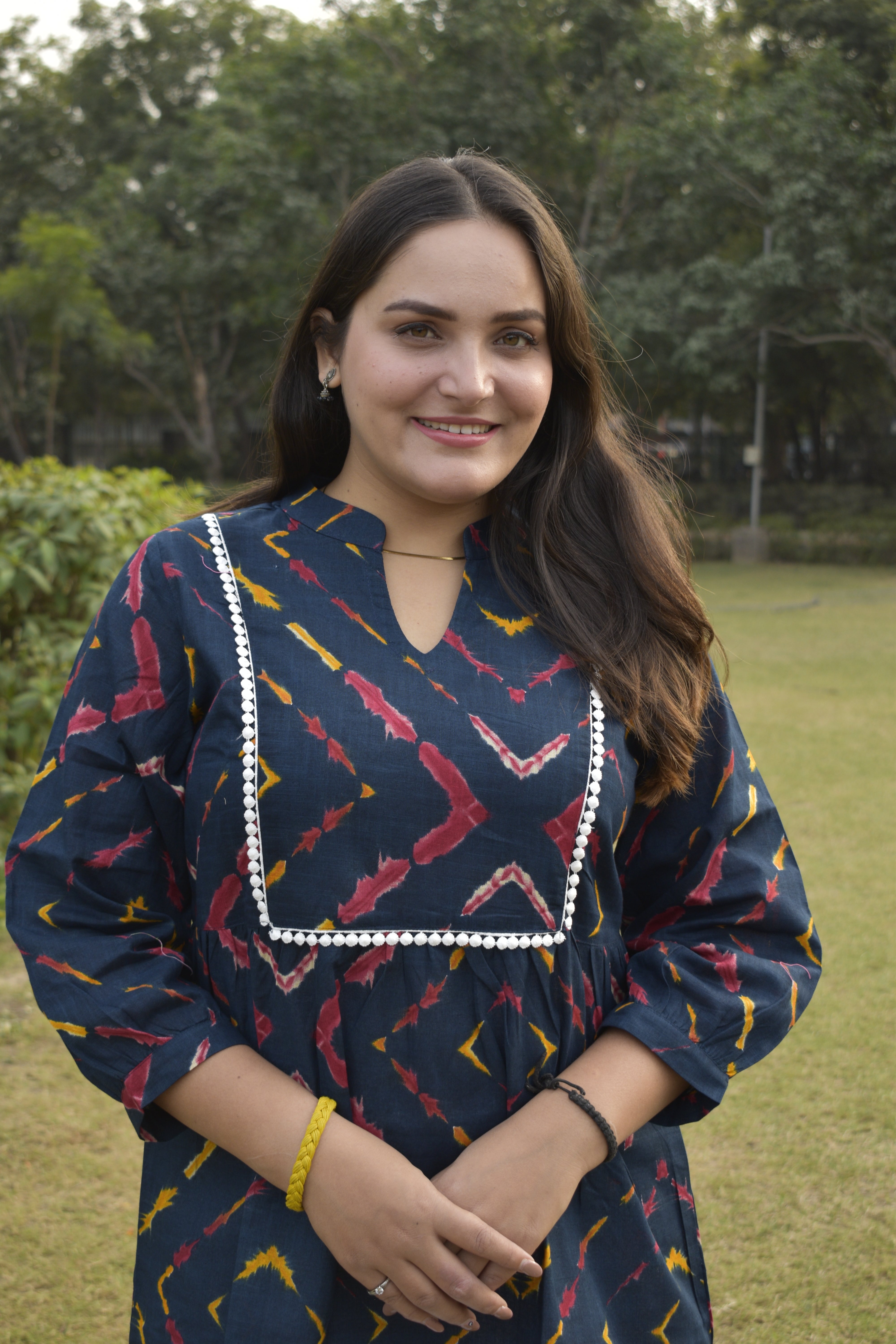 Navy Blue Ikat Printed Cotton Kurti with Pom-Pom Detailing with Plazzo