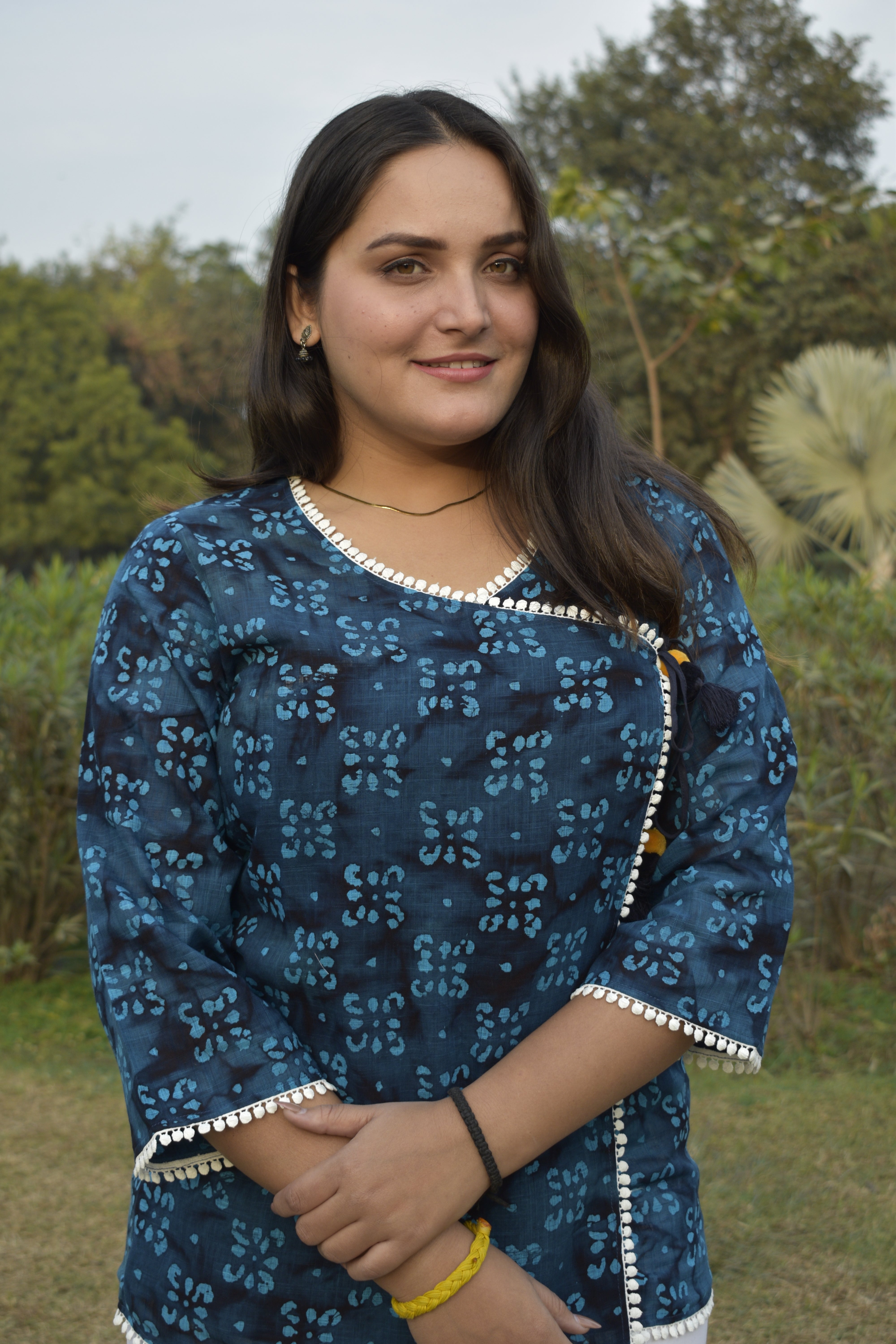 Deep Indigo Printed Cotton Kurti with Tassel & Lace Trim | Paired with White Straight Pants | Elegant Indo-Western Co-ord Set for Everyday & Office Wear