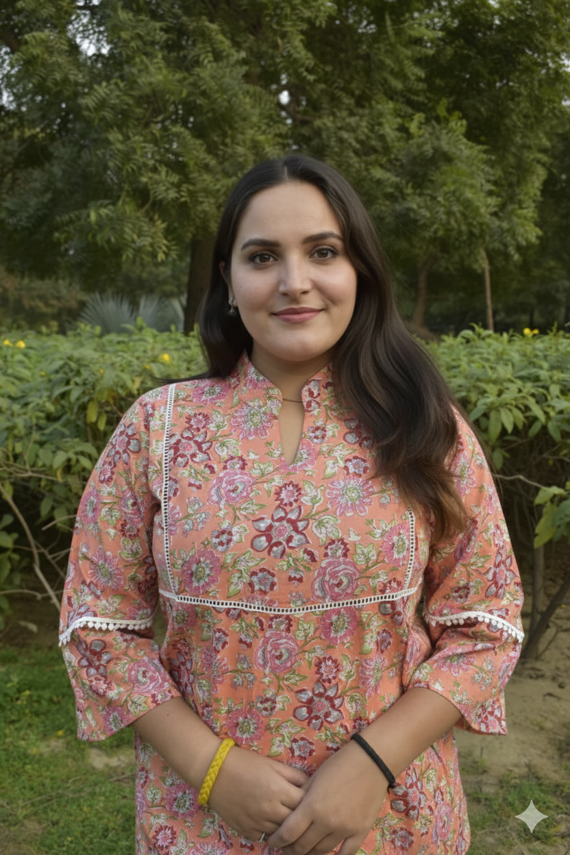 Red and White Indigo Printed Cotton Kurti With Plazzo – Elegant Everyday Wear