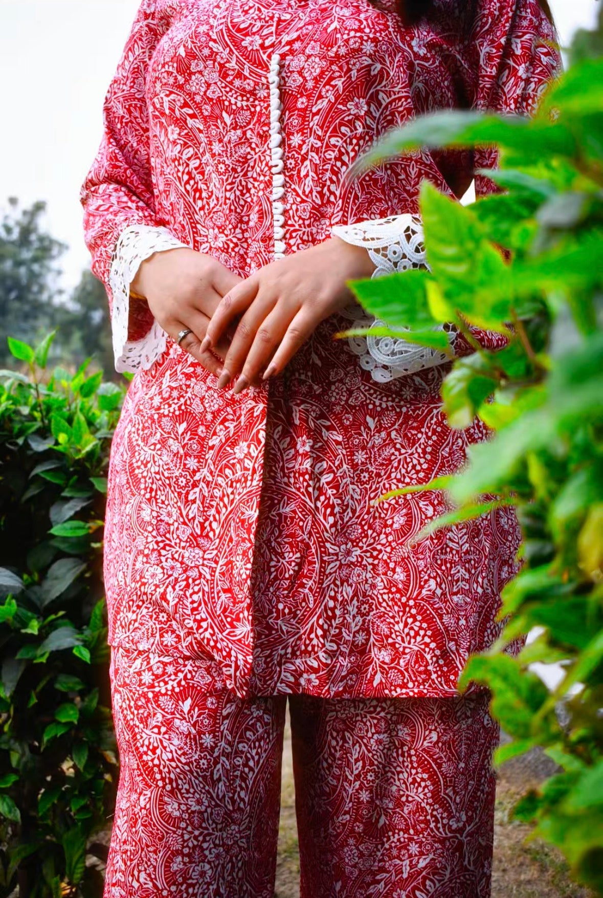 Red Floral Printed Cotton Kurti–Palazzo Set with Lace Cuff Detailing | Elegant Ethnic Co-ord for Everyday &amp; Festive Wear