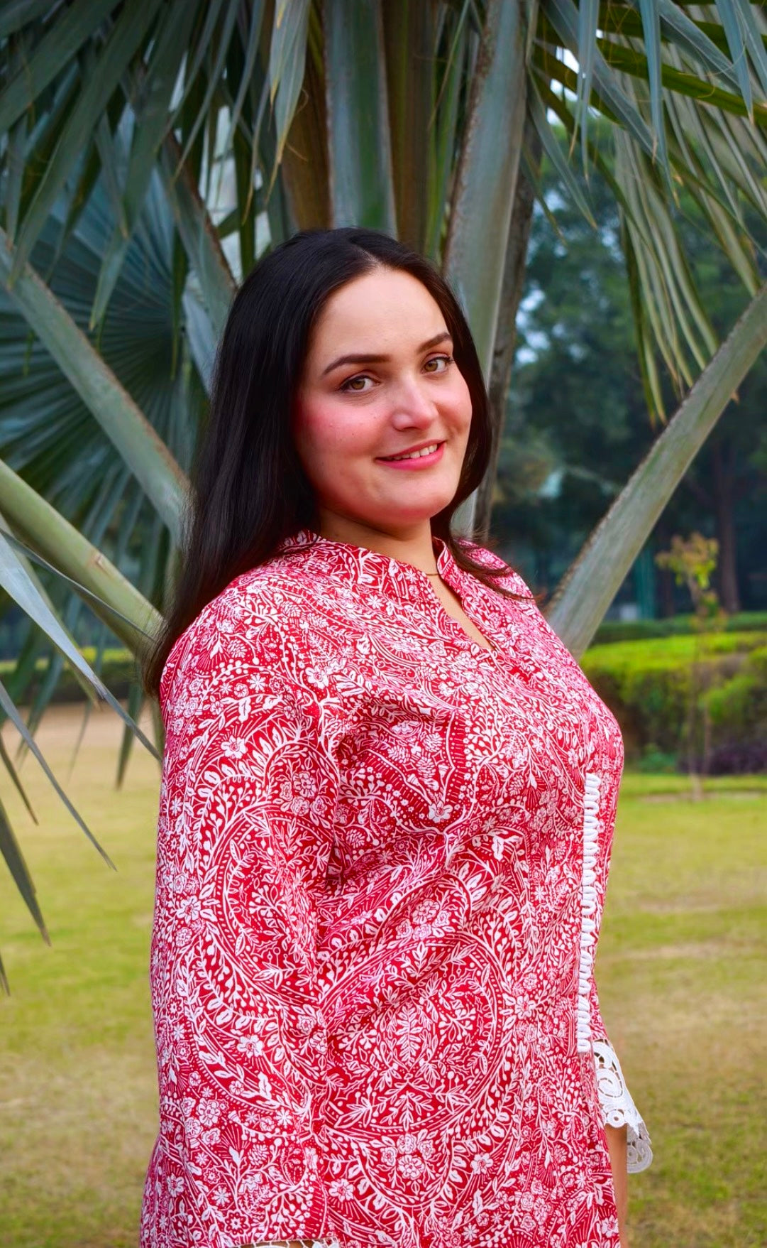 Red Floral Printed Cotton Kurti–Palazzo Set with Lace Cuff Detailing | Elegant Ethnic Co-ord for Everyday &amp; Festive Wear