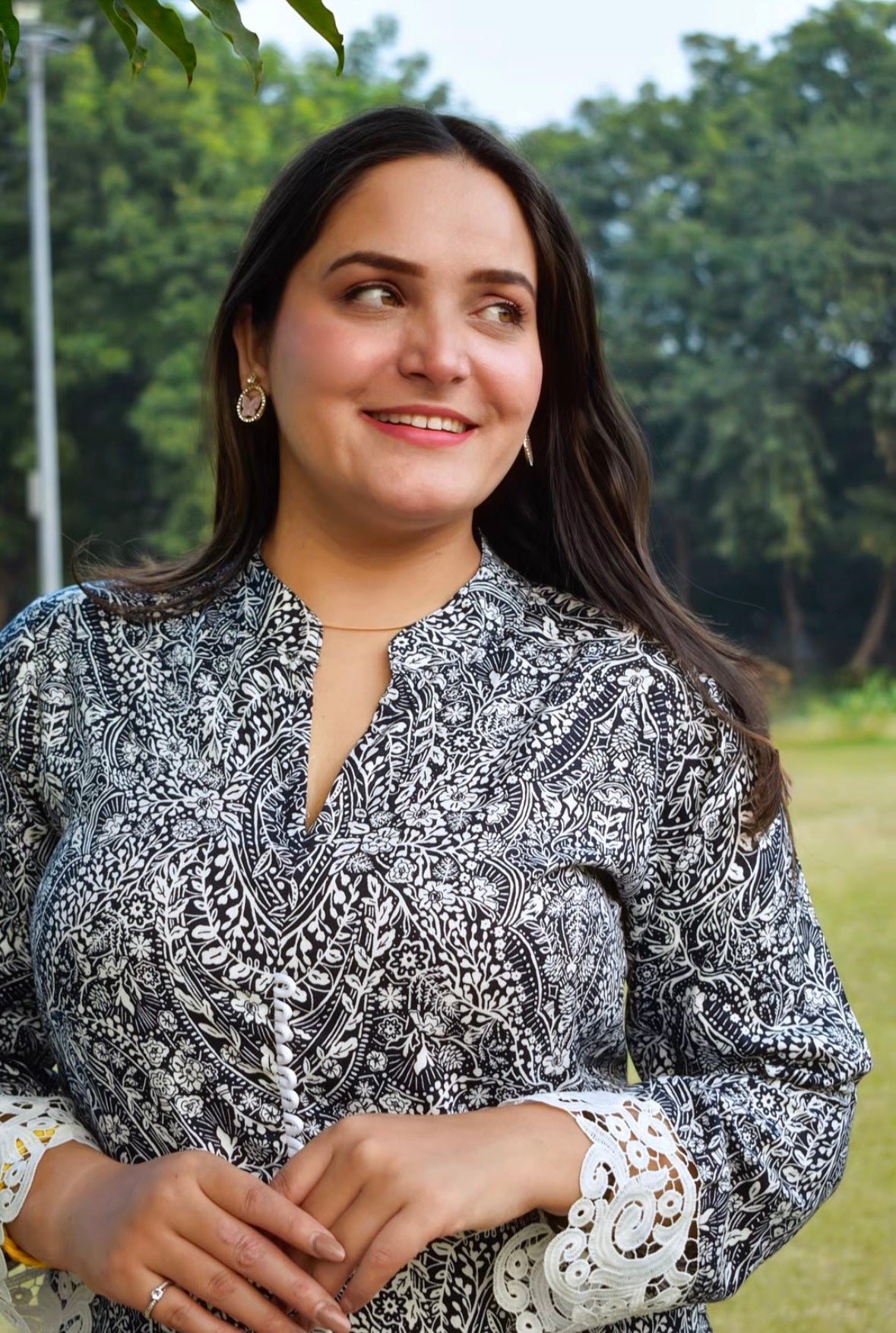 Blue & White Floral Printed Cotton Kurti–Palazzo Co-ord Set with Lace Cuff Detailing | Premium Daily & Office Wear