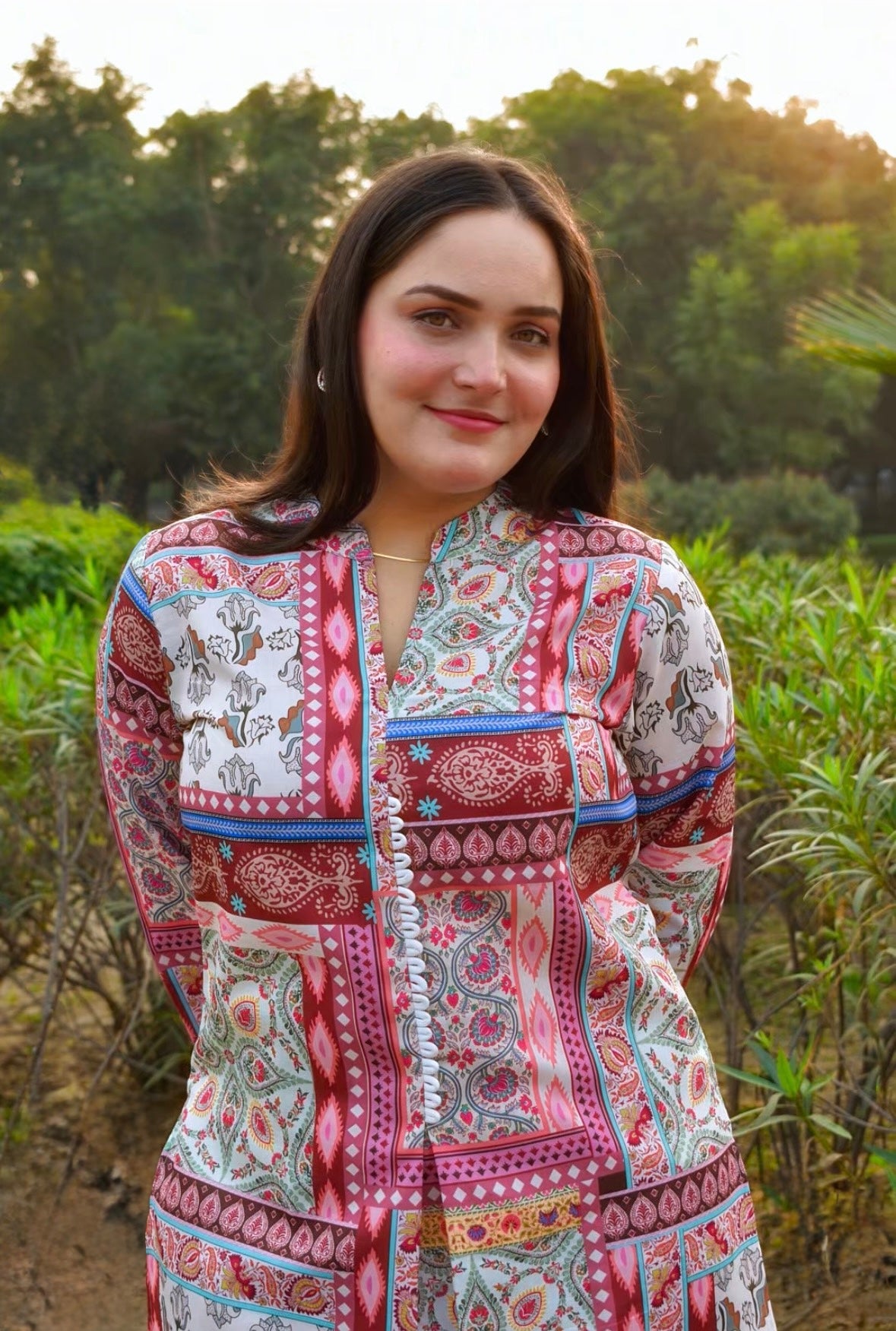 Multicolour Patch-Print Cotton Kurti–Palazzo Set with Front Buttons | Designer Ethnic Co-ord for Smart Everyday Style