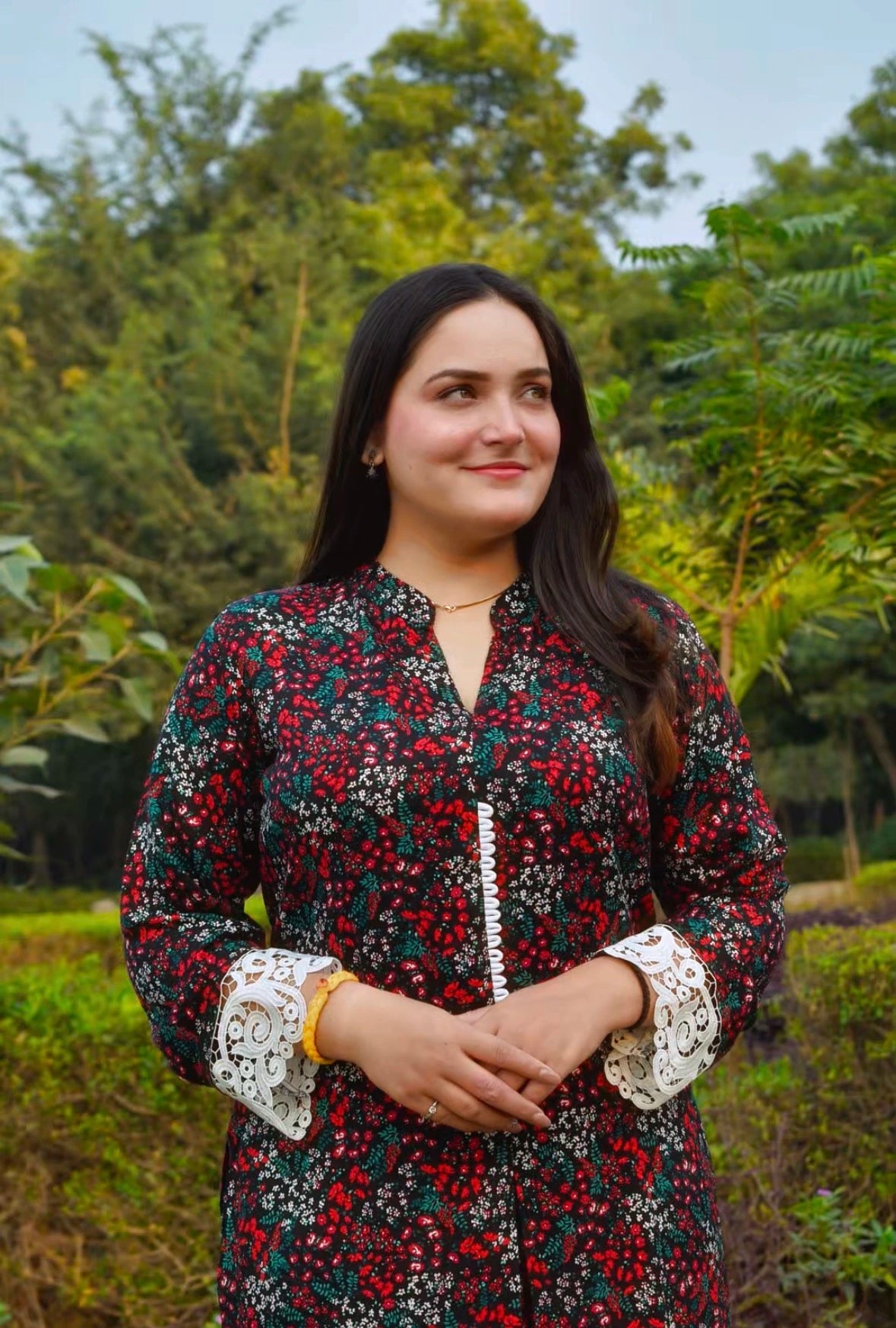 Black Floral Printed Cotton Kurti–Palazzo Set with Lace Cuff &amp; Hem Detailing | Stylish Ethnic Co-ord for Daily &amp; Festive Wear