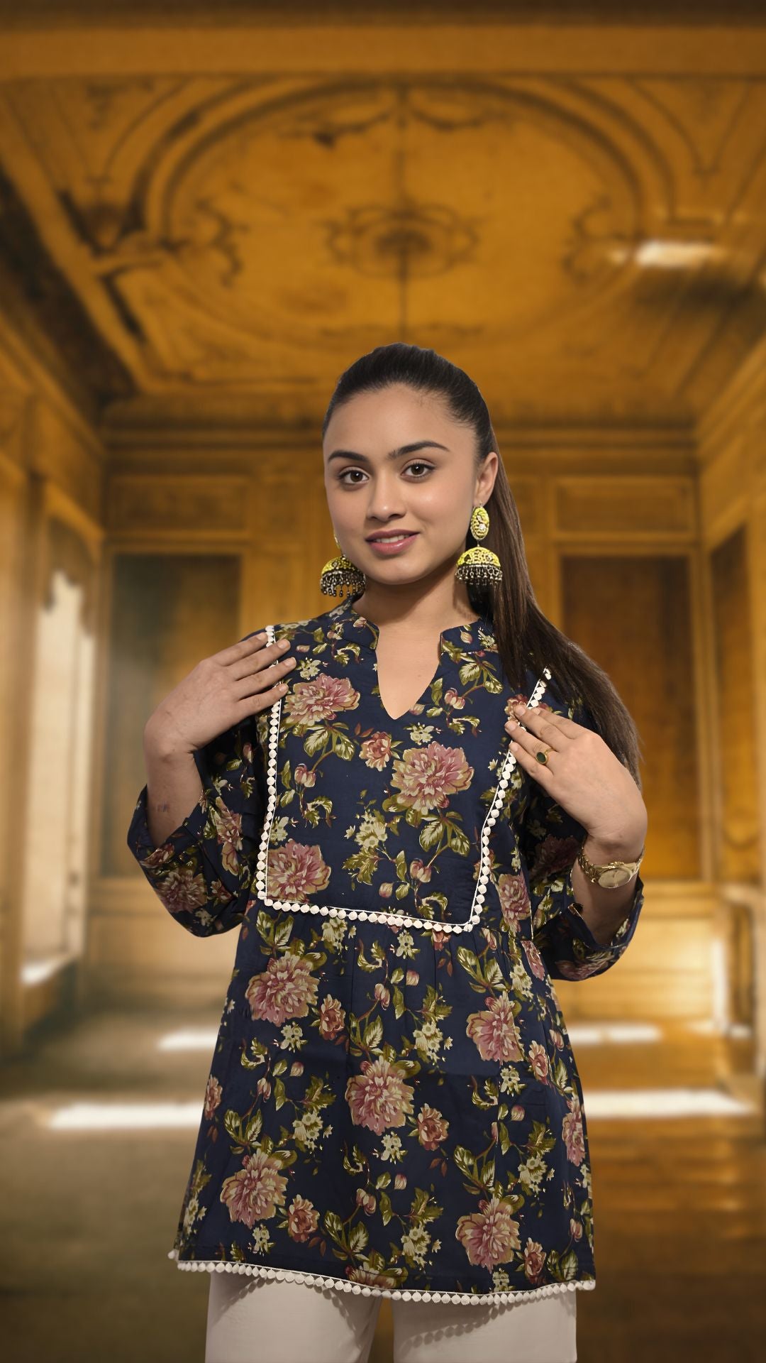 Navy Blue Floral Printed Cotton Kurti with Lace Panel | Paired with Beige Straight Pants | Elegant Set for Office &amp; Everyday Wear