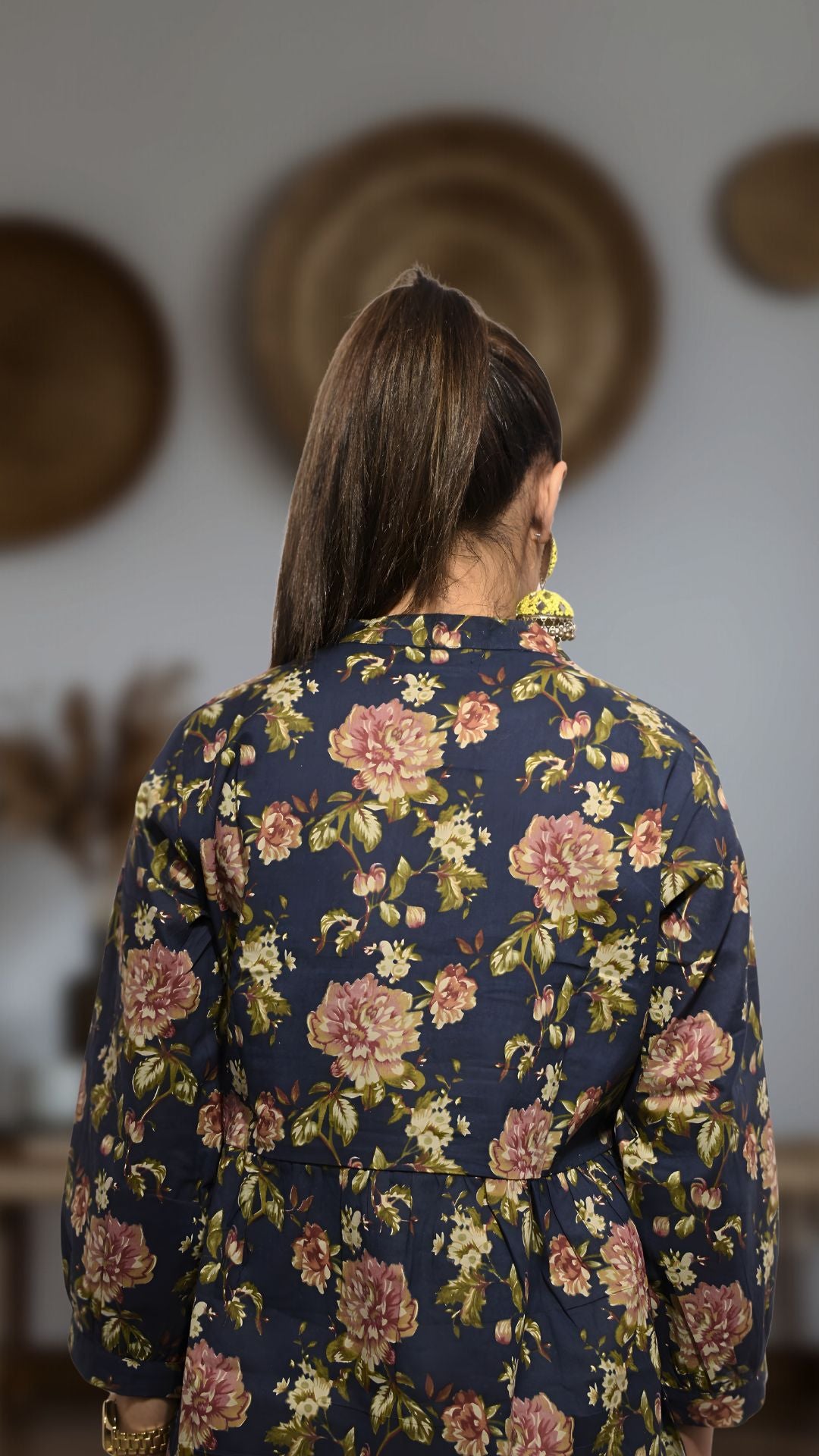 Navy Blue Floral Printed Cotton Kurti with Lace Panel | Paired with Beige Straight Pants | Elegant Set for Office &amp; Everyday Wear