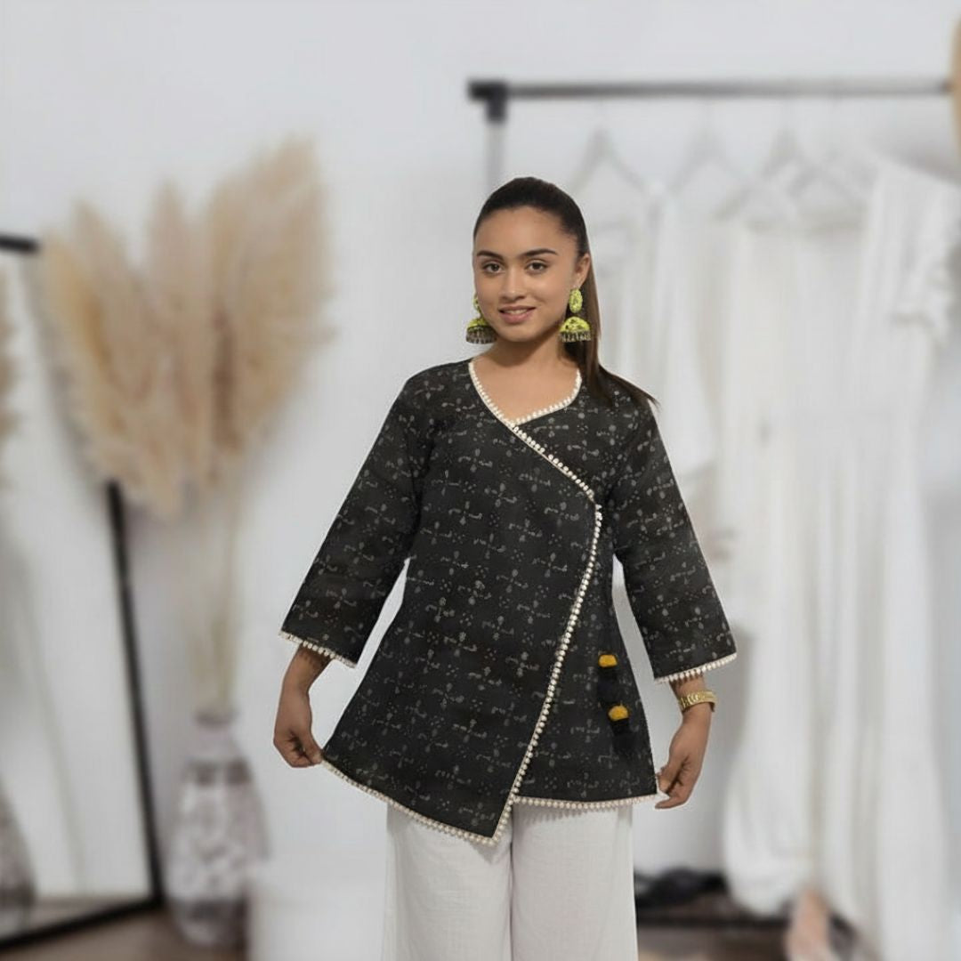 Black Printed Wrap-Style Cotton Kurti with Palazzo & Lace Detailing