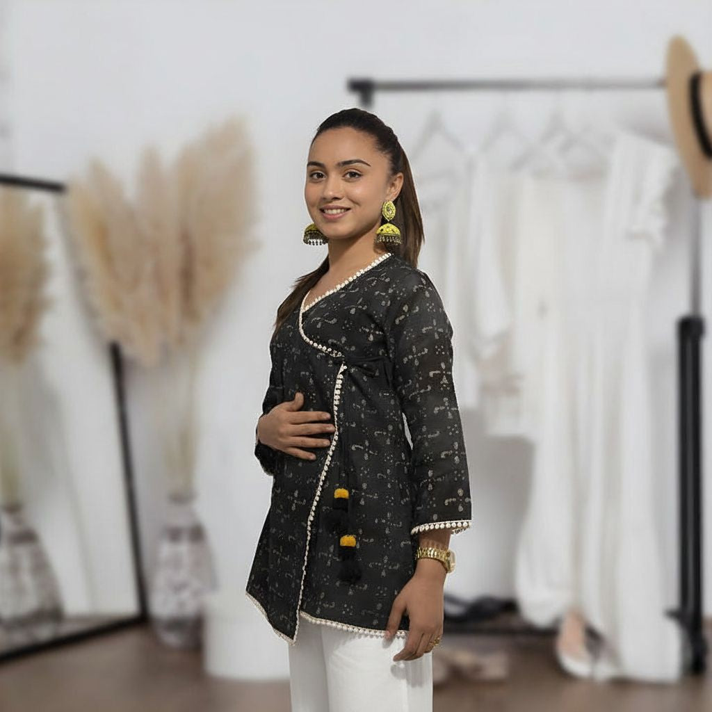 Black Printed Wrap-Style Cotton Kurti with Palazzo & Lace Detailing