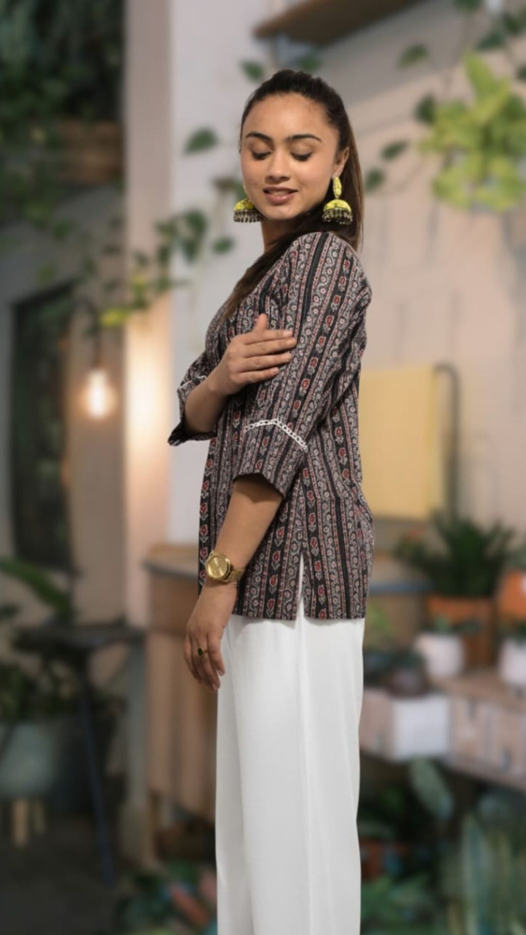 Black Printed Cotton Kurti with Straight Beige Pants | Premium Everyday &amp; Office Wear Co-ord Set