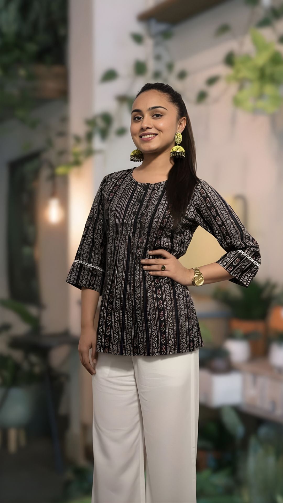 Black Printed Cotton Kurti with Straight Beige Pants | Premium Everyday &amp; Office Wear Co-ord Set