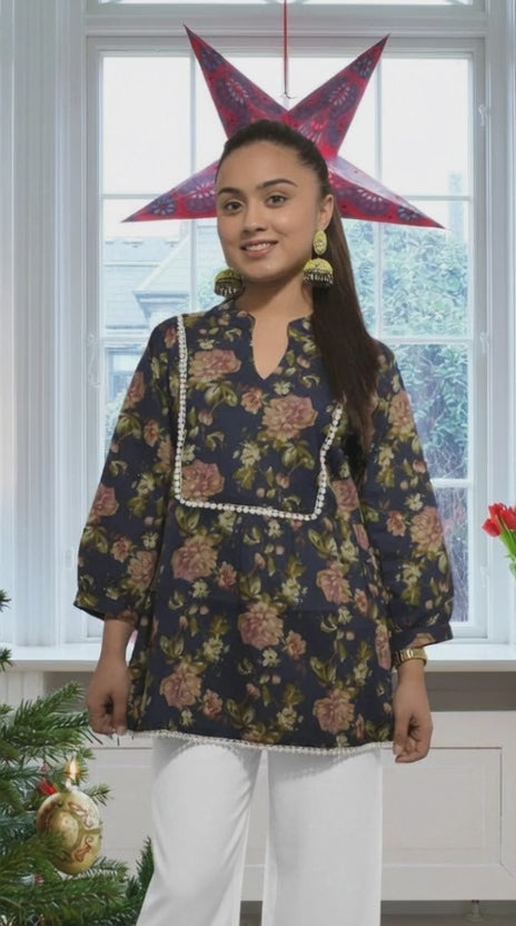 Navy Blue Floral Printed Cotton Kurti with Lace Panel | Paired with Beige Straight Pants | Elegant Set for Office &amp; Everyday Wear